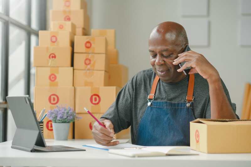 Male small business owner wearing apron at desk with accounting documents