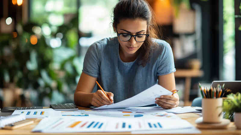 Female small business owner working on financial planning accounting tasks