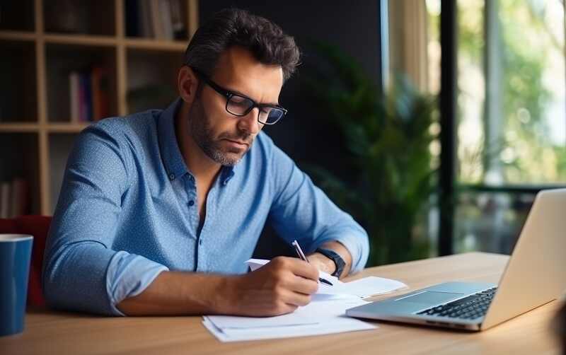 small business owner calculating his bills and revenue net terms concept