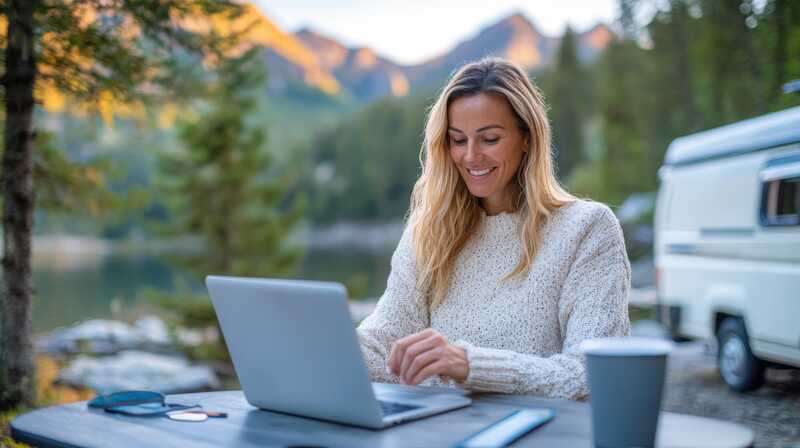 A freelancer in a warm sweater working on her laptop at a table near a lake with mountains in the background