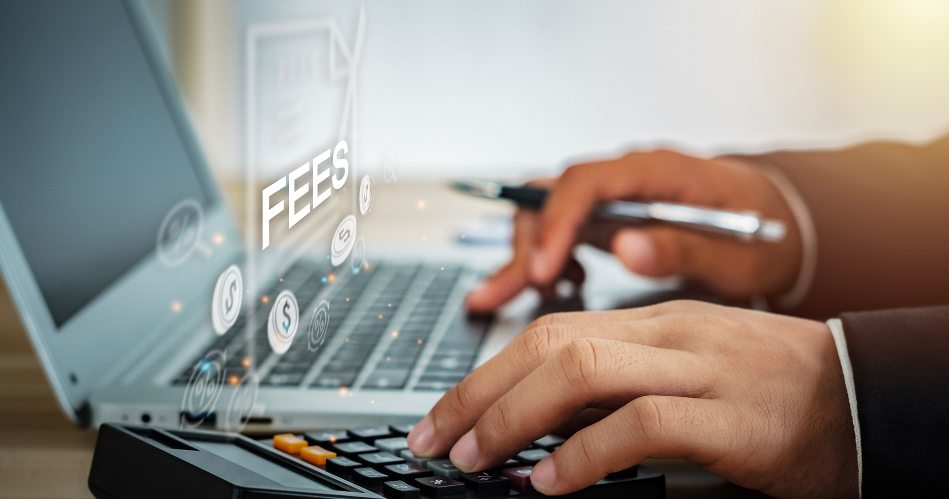 Fee-icon-over-laptop-with-hand-in-calculator