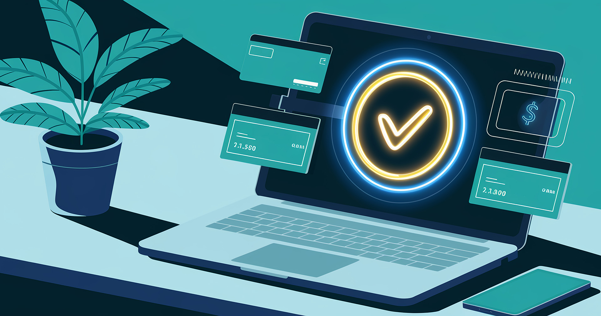 Graphic of a laptop on a desk with a check mark in the middle of the screen and payment icons around it.