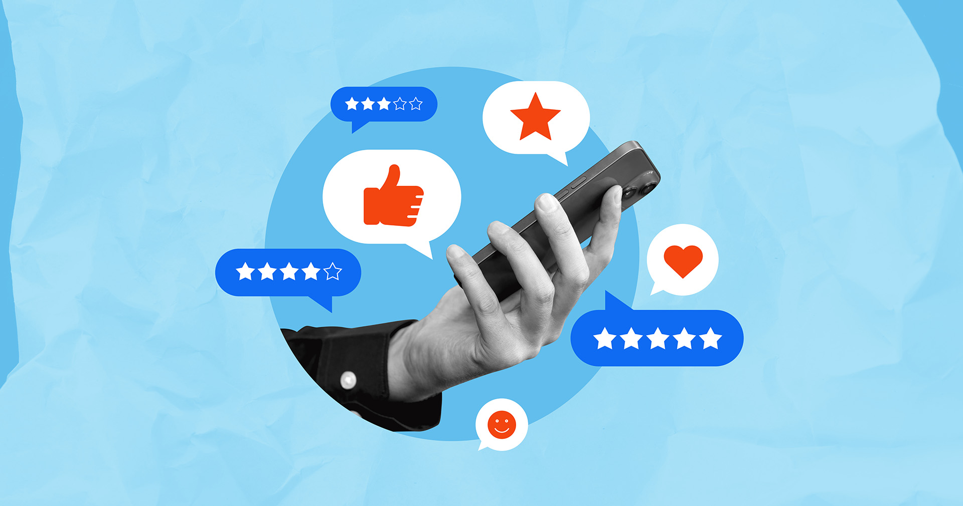 Stylized-black-and-white-photo-of-a-hand-holding-a-smartphone-with-icons-depicting-online-customer-reviews-surrounding-it.